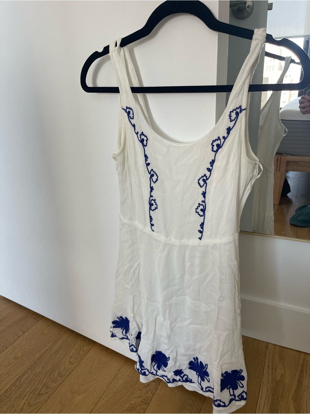 En Creme White Mini Dress with Blue Embroidery